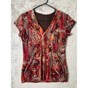 Vintage Boho Floral Top Brown Orange Leaf Print V Neck Cap Sleeve Fall Blouse MD